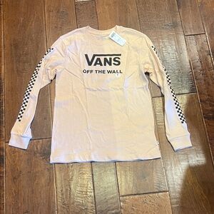 Vans Cream Long Sleeve Tee with Black Checkered Sleeves